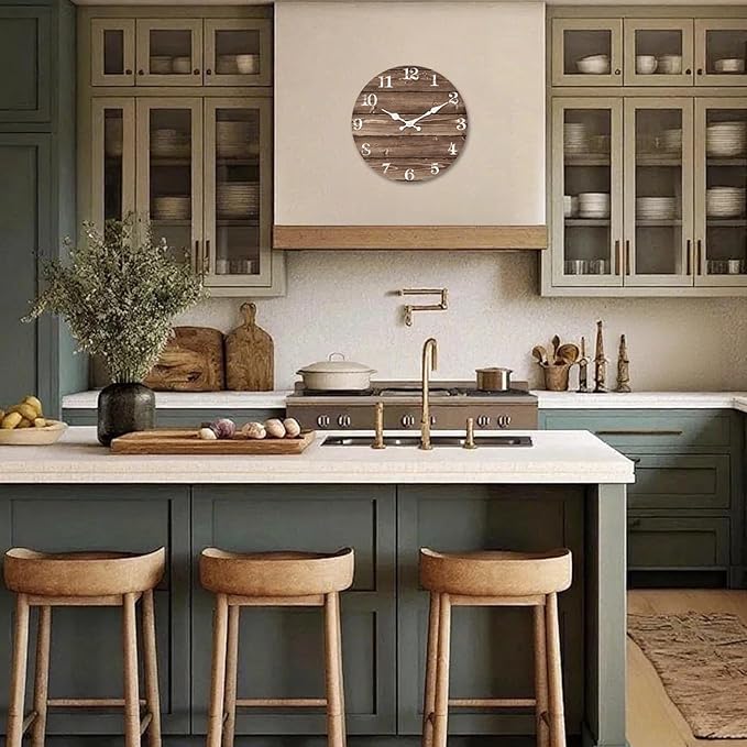 XFM Brown Wooden Wall Clock 10 Inch Silent Wall Clocks Battery Operated Decorative Farmhouse Small Rustic Wall Clock for Kitchen Living Room Office