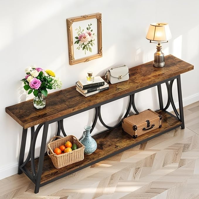 JIKONG 70.9" Industrial Console Table with Shelves — 2-Tier Rustic Metal Sofa Table, Heavy Duty Storage Shelf for Living Room, Office, Entryway (Rustic Brown)