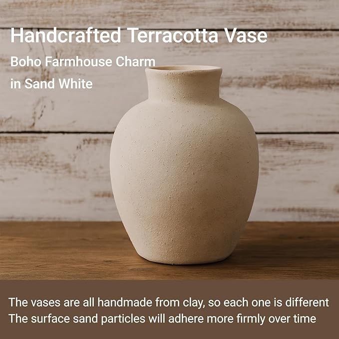 Boho Farmhouse Terracotta Vase Handcrafted Ceramic Sand White Rustic Flower Vase Vintage Pot for Home and Hotel Decor, Table, Living Room, Bathroom, Shelf, Mantel Decoration, Wedding