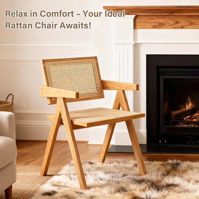 Rattan Dining Chairs Set of 2, Modern Mid Century Accent Chairs, Comfy Armchairs, Outdoor Rattan Chairs with Armrest for Bedroom Living Room Reading Room Dining Kitchen