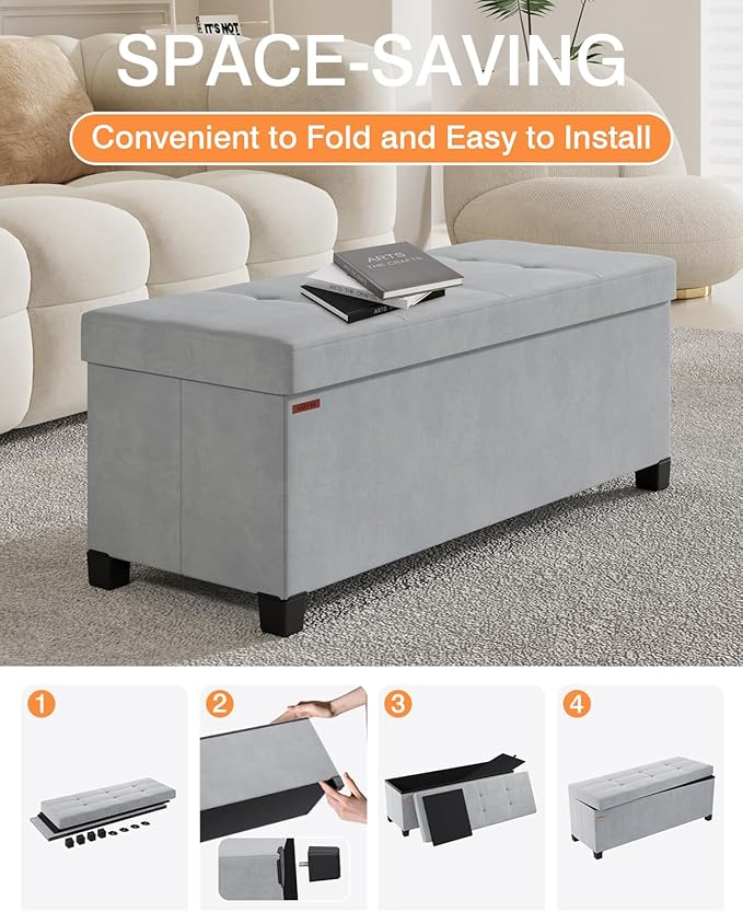 Foldable Storage Ottoman Bench, Velvet Footrest and Seat Cube with Feet, Storage Chest, for Living Room, Bedroom and Office, 15 x 43 x 15.7 Inches, Dove Gray, ASND24G