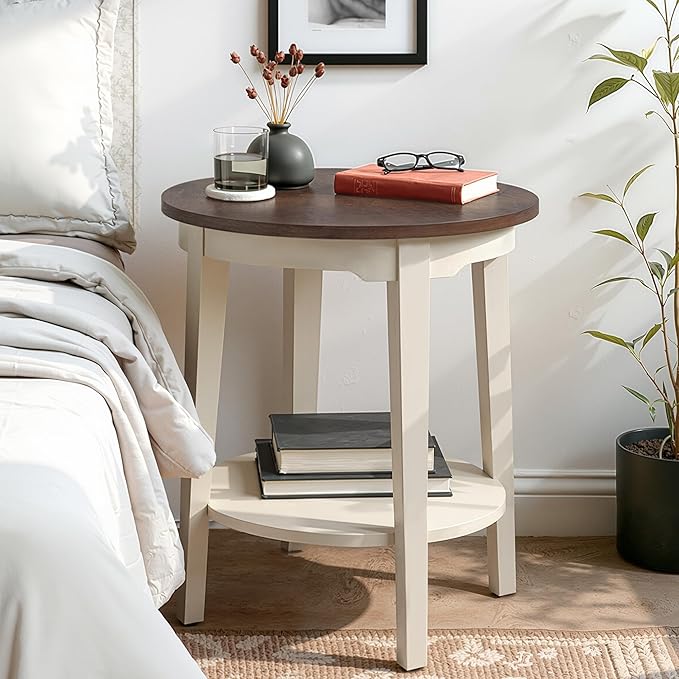 19" Round Side Table, Modern 2-Tier Shelf End Table, Small Accent Table for Living Room, Bedroom, Office, Brown and Gray