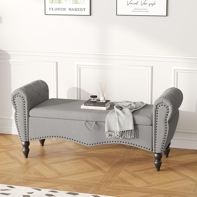 Furniliving 51.75" Storage Ottoman Bench for Living Room, Modern Bedroom Benches with Rolled Arm Upholstered End of Bed Bench Shoe Storage Indoor Bench with Wood Legs Entryway Bench, Grey, Linen