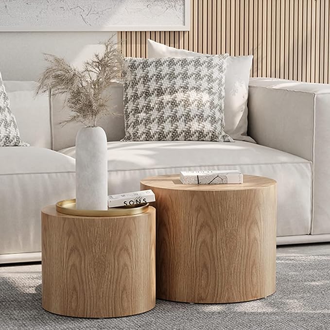 KEVINSPACE Coffee Table Nesting Tables Set of 2, Small Modern Round Coffee Table with Non-Slip Feet, Wooden Circle Accent Tables for Small Spaces Living Room Bedroom Balcony Drum Side Table Oak