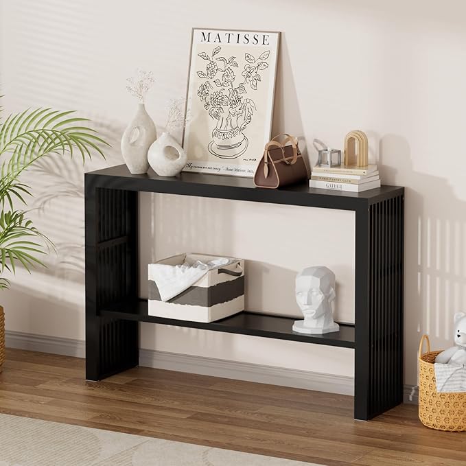 Bamboo 47.2" Narrow Console Table, 2-Tier Farmhouse Side Table, Rectangular Entryway Table, Modern Sofa Table Behind Couch with Storage Shelves for Entrance, Living Room, Hallway, Foyer (Black)