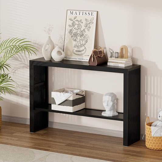 Bamboo 47.2" Narrow Console Table, 2-Tier Farmhouse Side Table, Rectangular Entryway Table, Modern Sofa Table Behind Couch with Storage Shelves for Entrance, Living Room, Hallway, Foyer (Black)