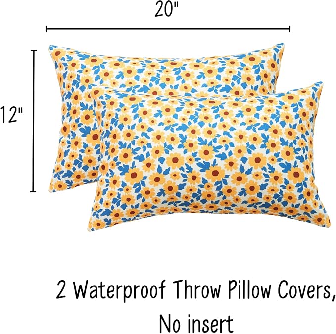 Sunflower Floral Outdoor Lumbar Pillows Waterproof 12x20 for Patio Furniture Set of 2 Yellow Decorative Pillow Covers for Couch Porch Chair Bench Reversable Cottage Farmhouse Pillow Cases Gold
