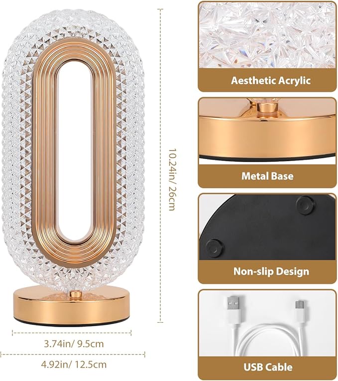 Lewondr Bedside Table Lamp for Bedroom, 3 Color Dimmable Night Light with USB Port, Rechargeable Touch Lamps, Crystal Modern Oval Light Nightstand Desk Lamp for Dorm Living Room Office