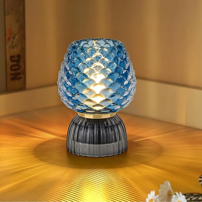 Battery Operated Lamp with Timer, Cute Small Cordless Glass Table Lamp for Home Decor, Kitchen, Bathroom, Birthday Gift for Women, Pinecone, Blue