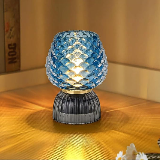 Battery Operated Lamp with Timer, Cute Small Cordless Glass Table Lamp for Home Decor, Kitchen, Bathroom, Birthday Gift for Women, Pinecone, Blue