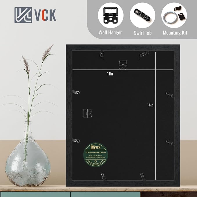 VCK 11x14 Picture Frame Set of 2 - Black, Textured Exclusive Wooden Frames with HD Glass, Display Photo 8x10 with Mat or 11x14 Without Mat