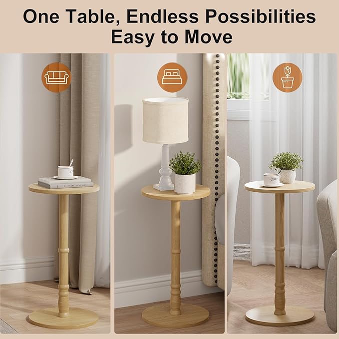 Round Side Table, Solid Wood Pillar with Wood Top & Base, Small Drink Accent Table for Living Room, Bedroom, Sofa & Office, Easy Assembly, Natural