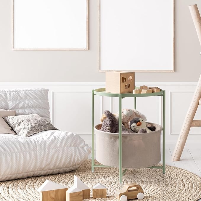 danpinera Round Side Table with Fabric Storage Basket, Metal Side Table Small Bedside Nightstand with Removable Tray Top for Living Room, Bedroom, Nursery, Laundry, Light Green