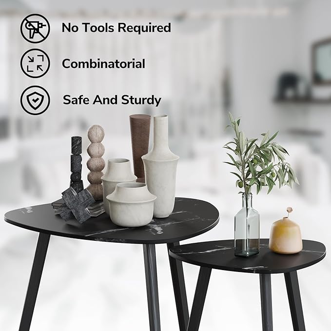 BAMEOS Bamboo Nesting Triangle End Table,Set of 2 Coffee Table Modern Minimalist Side Table for Living Room (Marble Black)