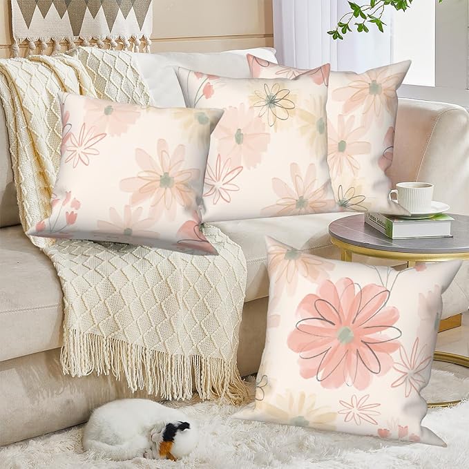 Wild Flower Throw Pillow Covers 20"x20" Set of 4, Countryside Watercolor Floral Pillow Cases Spring Vintage Cushion Covers for Chair Sofa Bed Living Room Garden Car Indoor Outdoor