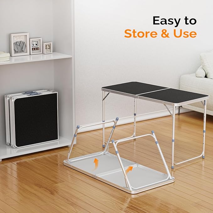 VINGLI 4FT White Folding Table with Carrying Handle Height Adjustable Lightweight Fold Up Portable for Indoor Outdoor Picnic,Camping,Hiking,Fishing,BBQ …