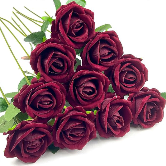 10 PCS Artificial Roses with Long Stems Silk Flowers Realistic Foam Flowers Fake Roses for Valentine's Day Home Wedding Halloween Decor(Wine Red)