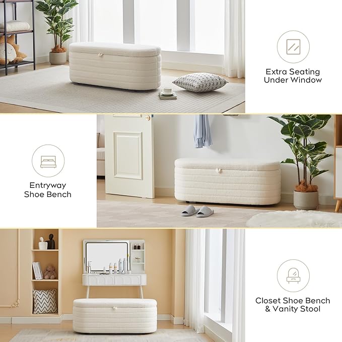 Storage Ottoman Bench End of Bed for Bedroom,45 inch Boucle Upholstered Entryway Shoe Seat Bench w/ Storage,Sherpa Modern Cute Padded Blanket Chest Stool Foot Rest for Living Room,Off-White