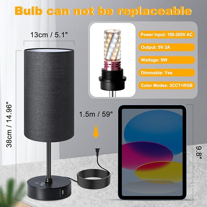Unicozin Small Table Lamp,3 CCT 3000K/4500K/6500K & RGB Color Changing,Stepless Dimmable Touch Control Bedside Lamp for Reading,Ambience Nightstand Light for Home Decor Party,Black Shade