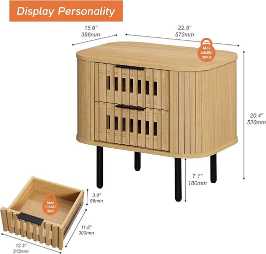 WAMPAT Fluted Nightstand, Modern Wooden End Table with 2 Drawer, Storage Bedside Table for Bedroom and Living Room, Oak