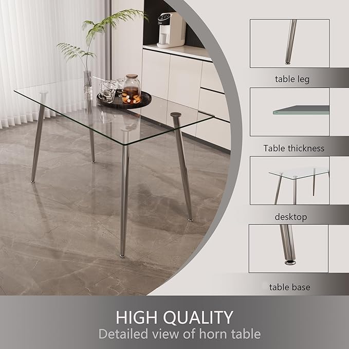 Glass Dining Table, 51'' Rectangle Dining Room Table,Modern Kitchen Table with Tempered Glass Tabletop and Metal Leg,Dining Table for 4 Suitable Kitchen Dining Living Meeting Room