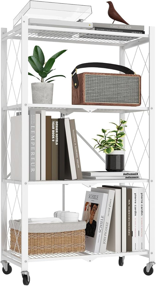 50" H 4 Tier Foldable Storage Shelf with Wheels, Folding Shelving Loads 400 LBS, Metal Steel Garage Shelves, Rolling Standing Utility Rack for Kitchen, Pantry, Office, White