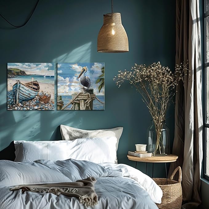 YUEYARIT Bathroom Decor pelican Wall Art Ocean Theme Blue sea Picture Canvas Print Modern Coastal Artwork Framed Hanging Dining Office Living Room