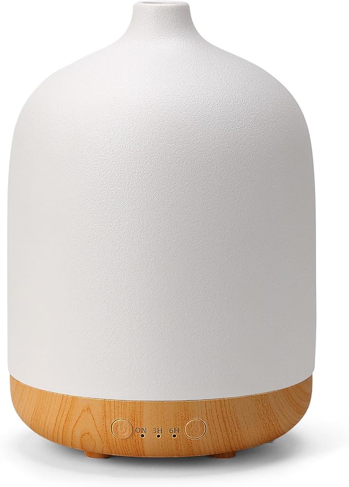 Ceramic Essential Oil Diffusers for Home, Decorative Bedroom Aromatherapy Scent Air Diffuser Ultrasonic Aroma Defusers 250ml with Timed-Wood Grain+White