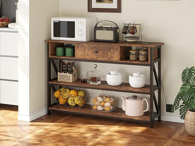 Mexin 47 Inch Console Table with 2 Outlet and 2 USB Ports, Entryway Table with Drawer and Storage Shelves, Narrow Sofa Table for Living Room and Hallway, Vintage Brown