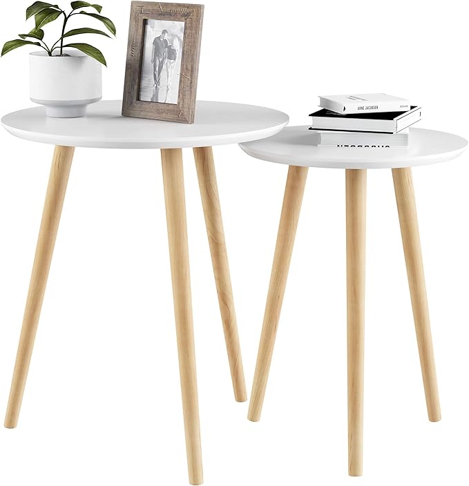 Nesting Side Tables - Set of 2 Round End Tables for Living Room, Bedroom, or Home Office - Accent Table Set - Mid-Century Modern Living Room Furniture by Lavish Home (White/Natural)
