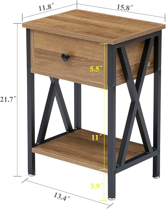 VECELO Nightstands Set of 2, Modern Bedside End Tables, Night Stands with Drawer and Storage Shelf for Living Room Bedroom, Industrial Metal Frame
