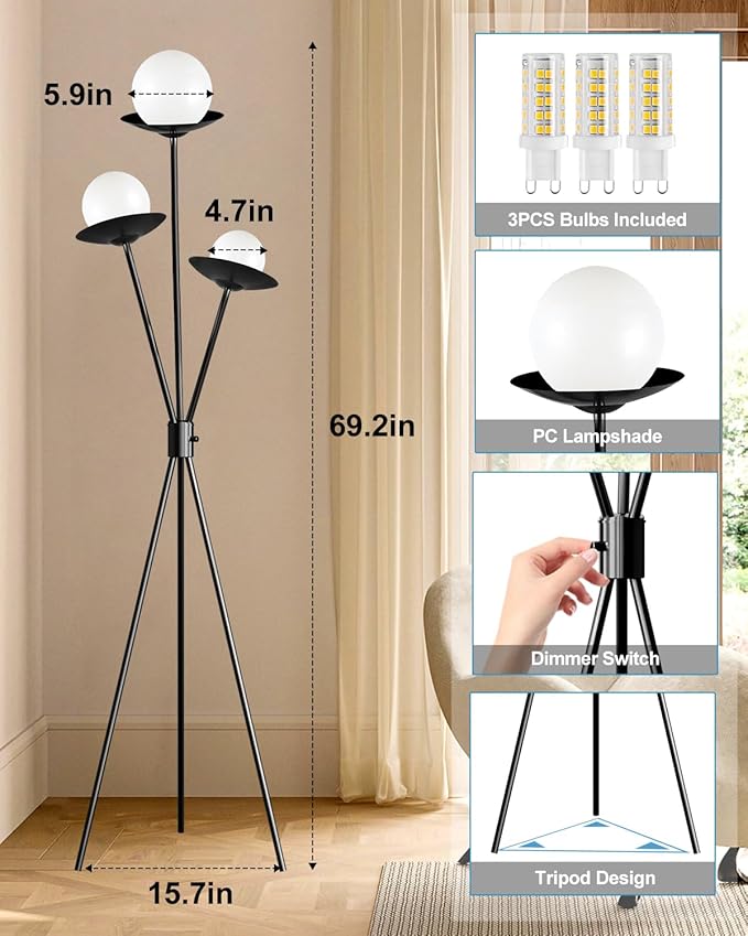 Lightdot Tripod Floor Lamp Dimmable Globe Floor Lamps with 3 LED Bulbs, 3000K Soft Warmwhite Mid Century Modern Standing Lamps Black Tall Lamp for Living Room Bedroom