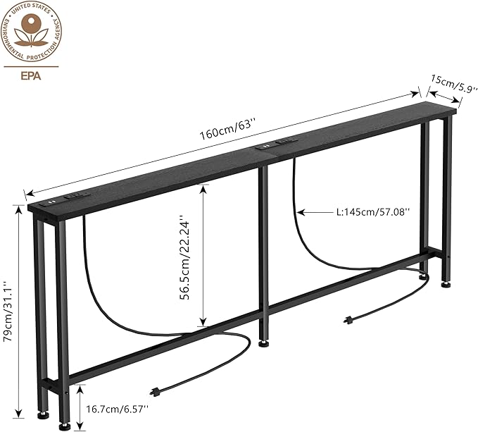 63" Sofa Table Narrow Long - 2 Power Outlets & 4 USB Ports, Metal Frame,Behind Couch Table Behind Sofa for Living Room, Hallway, Entrance- Easy Assembly, 4.9' Extension Cord Included.