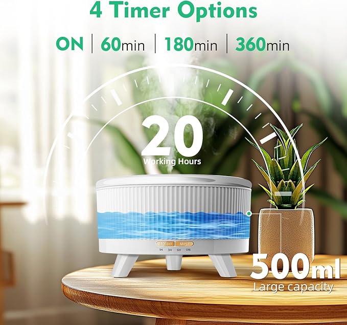 500ML Large Capacity Essential Oil Diffuser, Ultrasonic Aromatherapy Diffuser with 7 Color LED Lights with Remote Control, Cool Mist Humidifier, Timed Mist, Auto Shut-Off (Minimalist White)