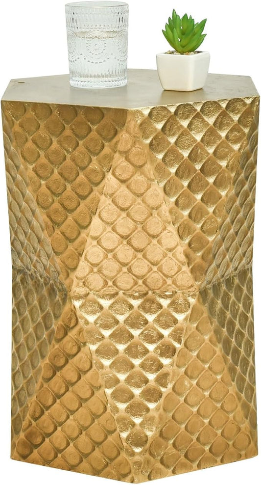 Round Side Table, Rustic Console Table, Gold Geometric End Tables Ideal for Couch Sofa Living Room or Bedroom Stand (Gold Scaled Texture)