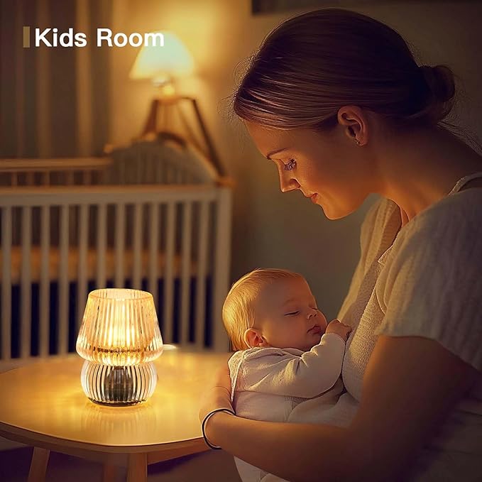 Battery Operated Lamp with Timer, Small Cute Cordless Glass Table Lamp for Home Decor, Kitchen, Bathroom, Birthday Gift for Women, Mushroom, Amber