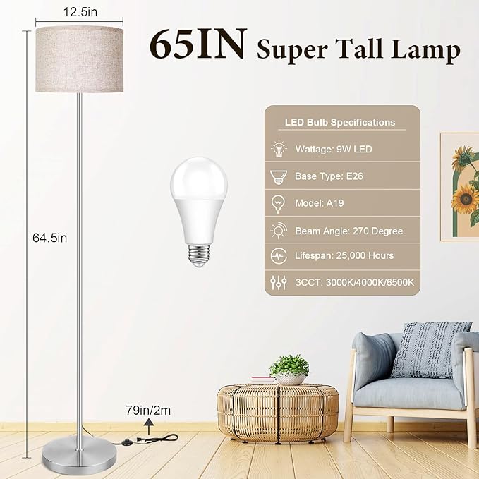 65‘’Modern Simple Floor Lamp Foot Switch, Silver Standing Lamp for Living Room with 3-Color Changing LED Bulb, Dimmable LED Floor Light for Bedroom Kid Office, Stand Up Lamp with Linen Shade, E26 Base