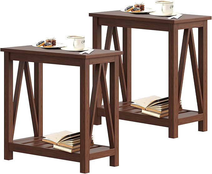 ChooChoo Farmhouse End Table Set of 2, Rustic Vintage Narrow End Side Table with Storage Shelf for Small Spaces, Nightstand Sofa Table for Living Room, Bedroom Walnut