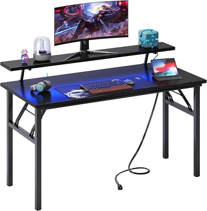 DlandHome Computer Desk 47’’ with LED Lights & Power Outlets,Folding Desk with Monitor Stand, Writing Desk Home Office Desk, Fully Assembled,Black