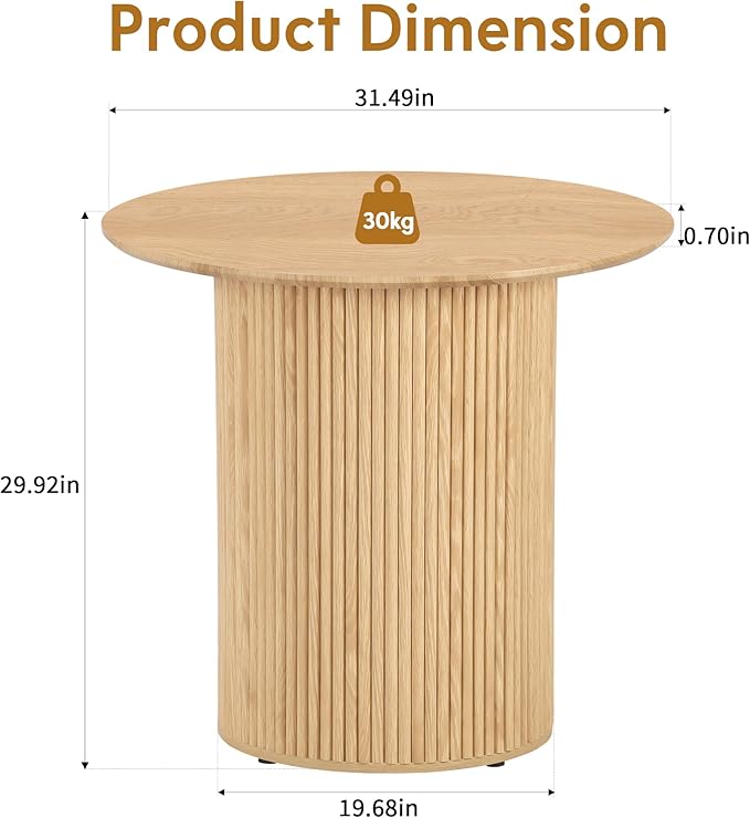 AVZEAR 31.5" Round Dining Table for 2 People, Small Kitchen Dinner Table with Fluted Wood Base, Farmhouse Circle Dining Tables for Home, Kitchen, Dining Room, Living Room (Nature)