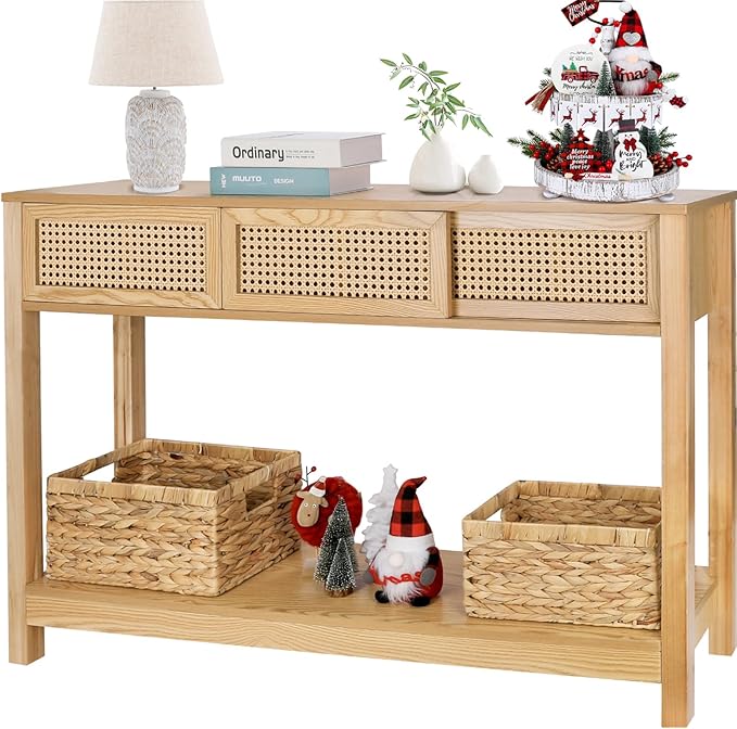 ZYBT Long Console Table, Console Tables for Entryway, Modern Narrow Wood Rattan Entryway Couch Hallway Boho Sofa Table with Storage Drawers for Living Room