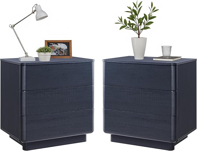 JXQTLINGMU 22" Modern Nightstand Set of 2 with Charging Station, Large Push-to-Open End Table, Wood Bedside Table, Curved Profile, Handleless 3 Drawer Night Stand for Bedroom, Living Room, Black