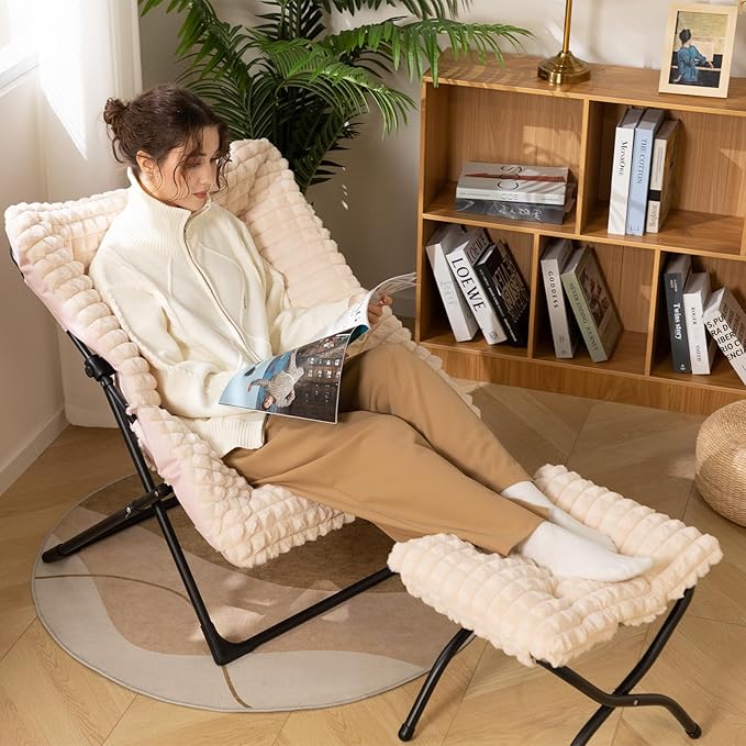 HollyHOME X-Large Saucer Chair with Foldable Ottoman, Comfy Oversized Folding Chair and Folding Footrest Stool Set, Faux-Fur Reading Chair and Footstool for Living Room, Champagne Pink Chair&Stool