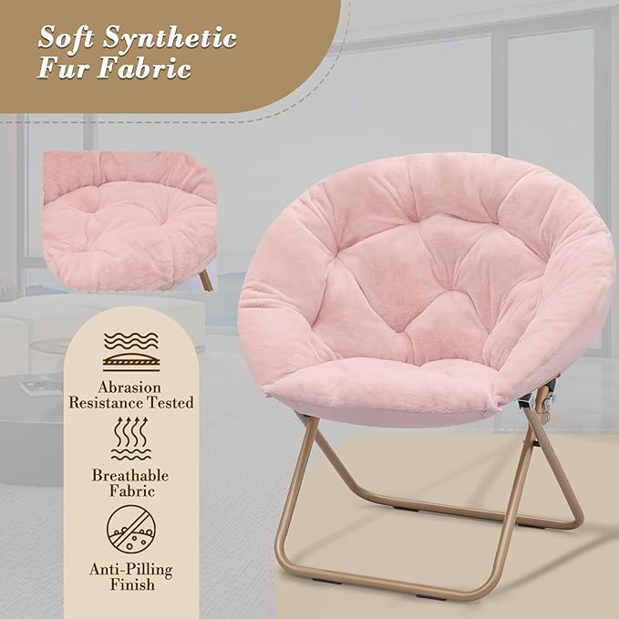 Athena Collection Saucer Chair with Ottoman Comfy Chair for Bed Room Living Room Folding Round Cozy Chair Faux Fur Metal Frame Foldable Lazy Chair Accent Chair Reading Chair Set of 2, Pink