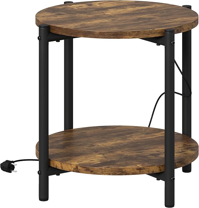 LIKIMIO 15.8" W Small Round Side Table with Charging Station, 2-Tier End Table with Lower Shelf, Wooden Nightstand for Small Spaces, Living Room, Bedroom, Rustic Brown