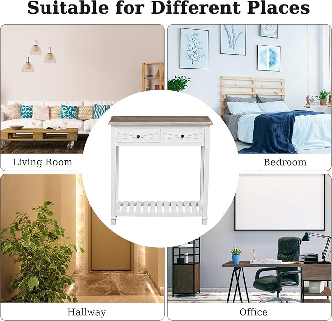 Kinfant Modern Console End Table with 2 Drawer and Storage Shelf for Entryway Living Room Hallway, White