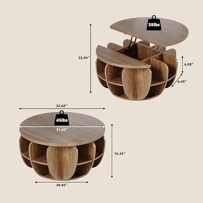 32.7" Lift Top Coffee Table with Storage, Wood Round Center Table with Hidden Storage Compartment & Shelves, Mid Century Modern Coffee Tables for Living Room Rustic Accent Small Center Table