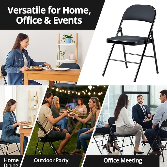 4 Pack Black Folding Chairs with Padded Seat & Back, Metal Frame Foldable Chairs, Portable & Stackable for Indoor Outdoor, Office, Party, Wedding, Conference
