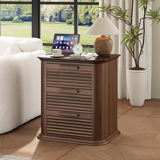22'' Fluted Nightstand with Charging Station, Modern End Table with 3 Drawers and Storage, Wood Night Stand with Round Corner, Side Table Dresser for Bedroom, Living Room, Curved Profile,Walnut