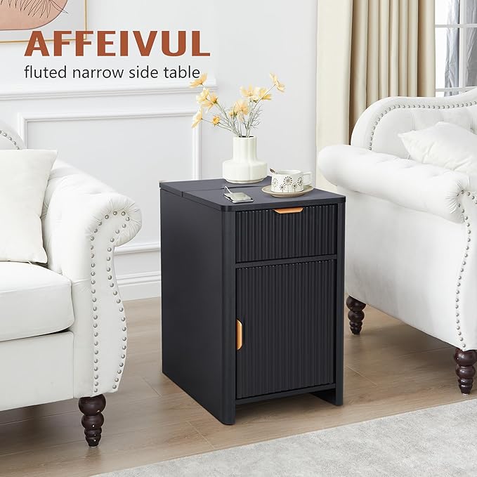 Fluted Narrow End Table with Charging Station, Black Side Table with Drawer Storage, Small Night Stand with Power Outlets and USB Ports, Sofa Side Table for Living Room - Black